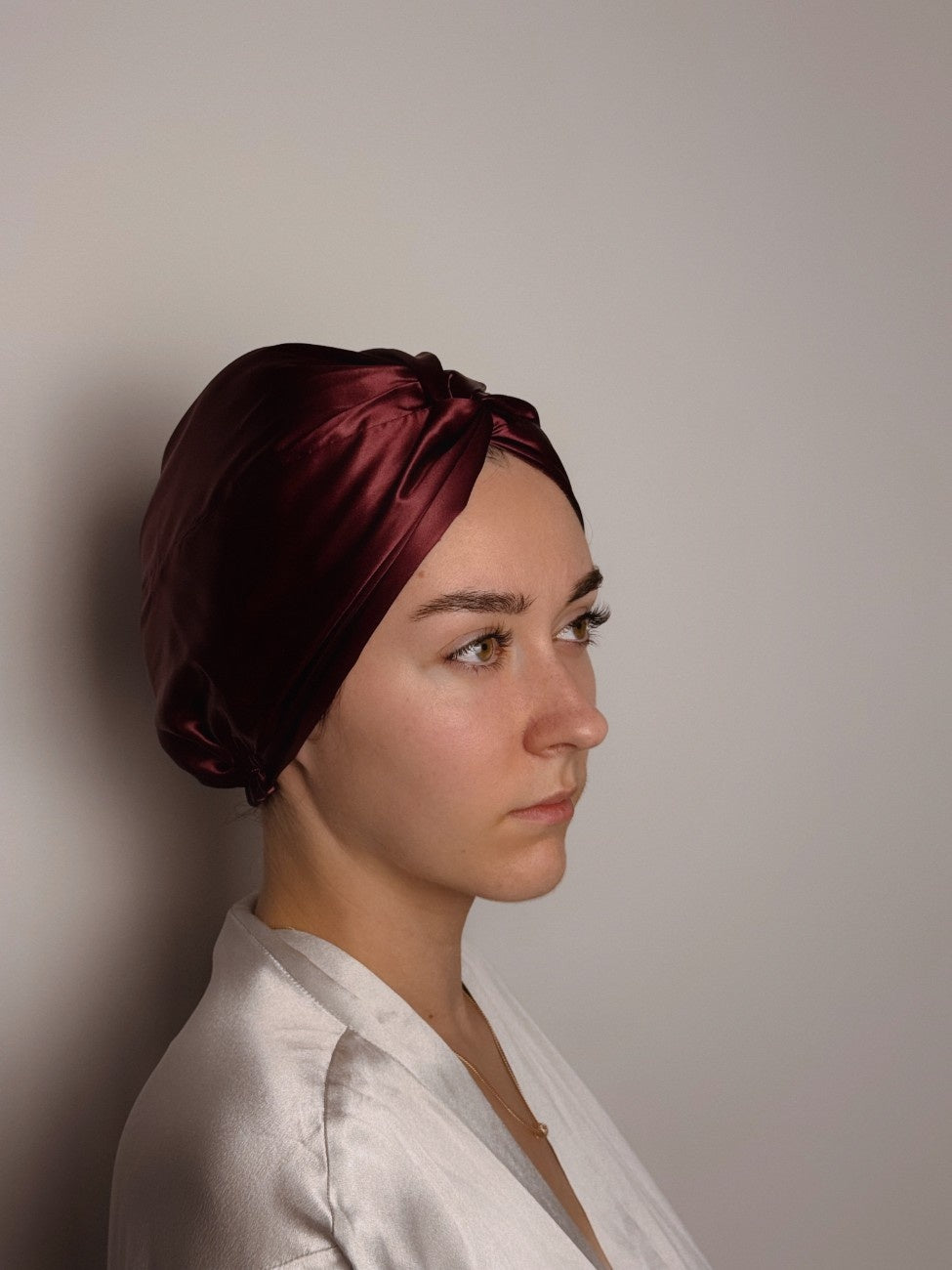 new silk sleep bonnet in bordeaux color