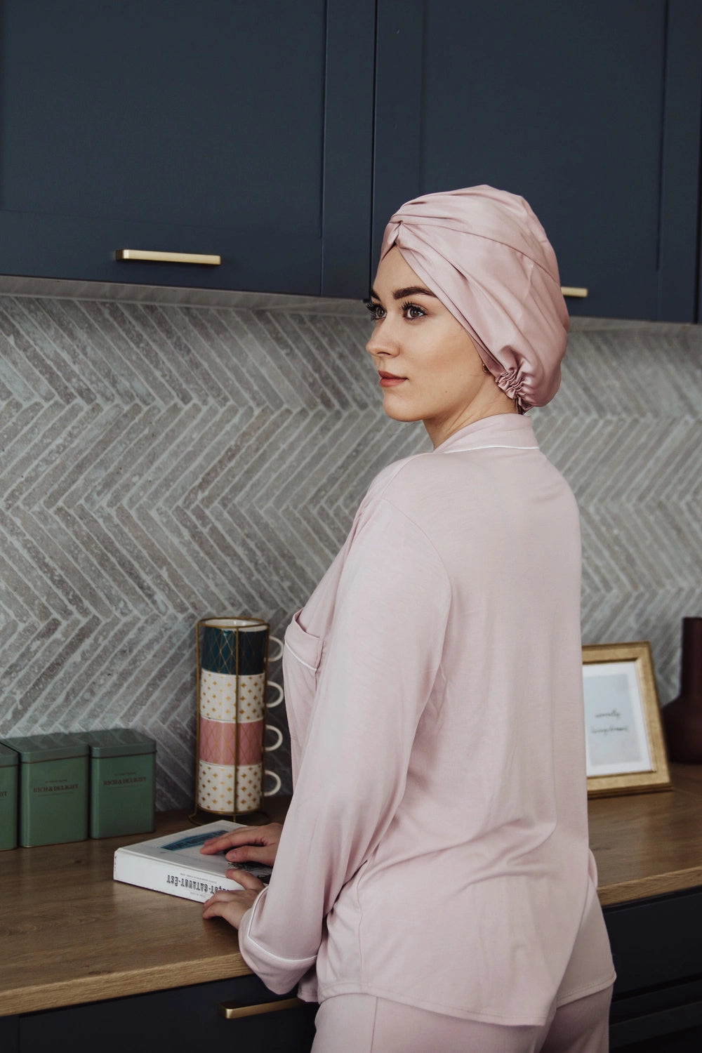 Gorro de seda para dormir premium - Rosa empolvado