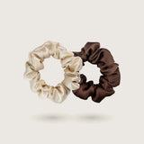 Medium silk scrunchies in Golden Champagne and Choco Brown, 100% mulberry silk, 23 momme, gentle on hair – SilkWide