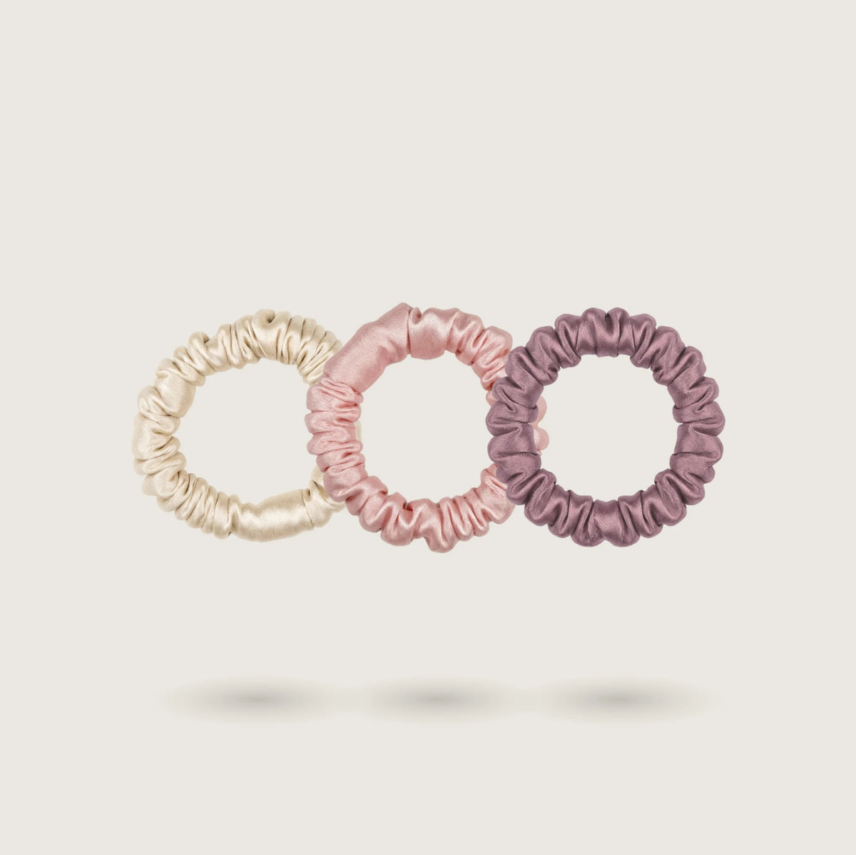Micro silk scrunchies for kids in Golden Champagne, Soft Pink and Pale Mauve, 100% mulberry silk, 23 momme – SilkWide