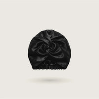 Twisted turban silk bonnet in Midnight Black for sleeping, double-layer 100% mulberry silk, 23 momme, OEKO-TEX certified – SilkWide