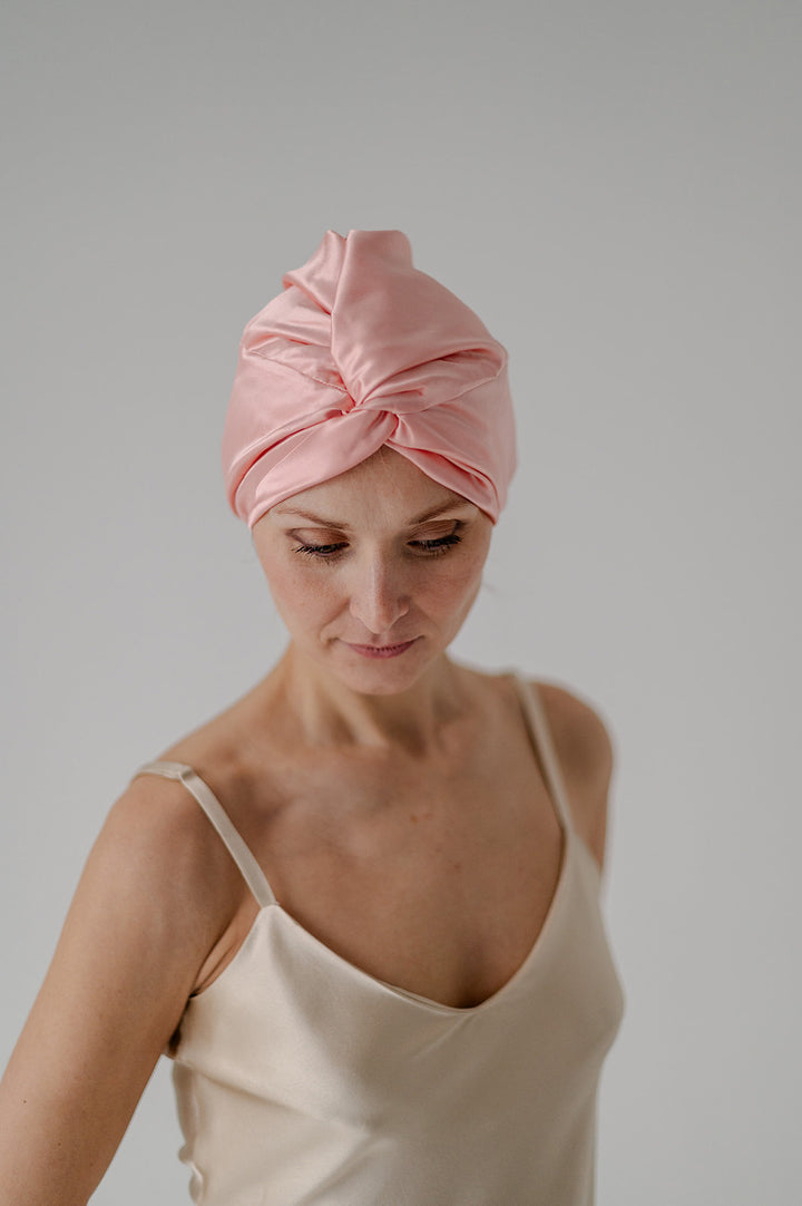 silk bonnet turban hair cap women pink double sided, pure mulberry silk bonnett pink