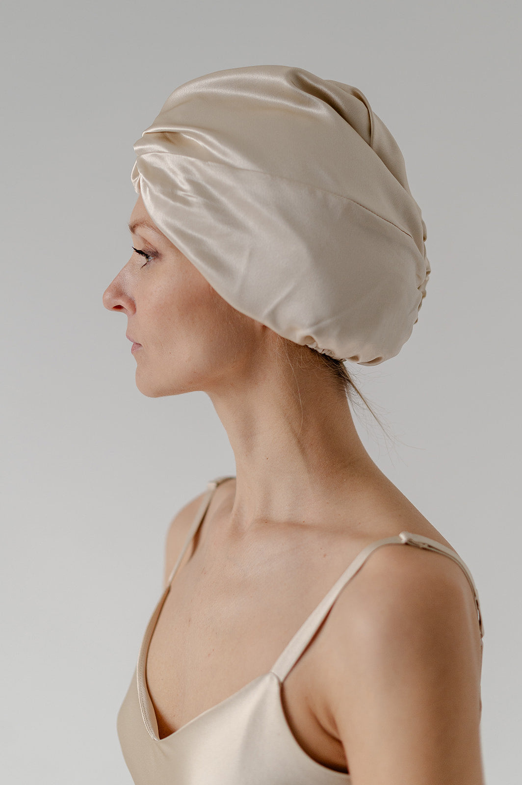 silk bonnet turban hair cap women, pure mulberry silk bonnett champagne