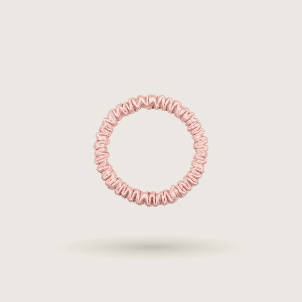Small skinny Soft Pink silk scrunchie, 1 cm wide, 100% mulberry silk, 23 momme, gentle hold without creases – SilkWide