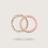 Small skinny silk scrunchies in Golden Champagne and Soft Pink, 100% mulberry silk, 23 momme, OEKO-TEX certified – SilkWide