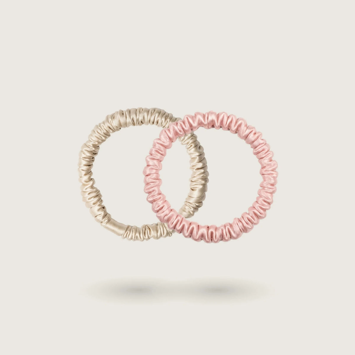 Small skinny silk scrunchies in Golden Champagne and Soft Pink, 100% mulberry silk, 23 momme, OEKO-TEX certified – SilkWide